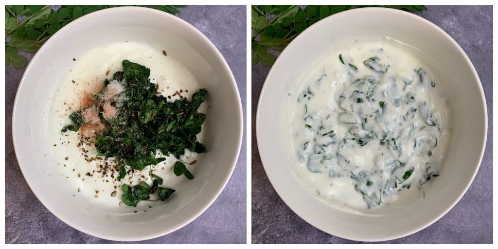 add the sauteed moringa leaves to the whisked yogurt