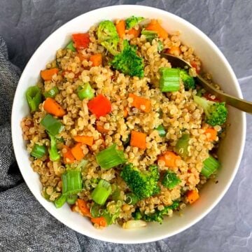 Vegetable Quinoa Fried Rice served in a white bowl