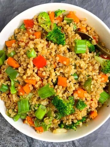 Vegetable Quinoa Fried Rice served in a white bowl