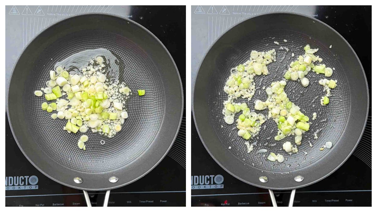 Step to saute minced garlic and white spring onions collage.