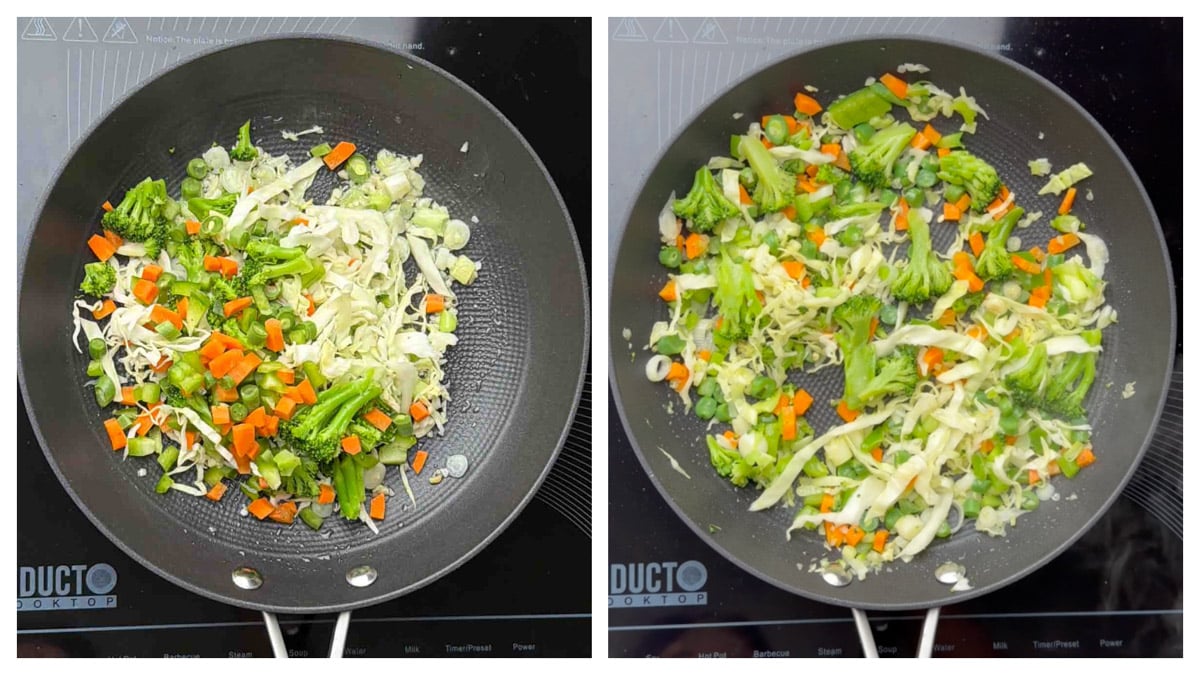 Step to saute veggies on the pan collage.