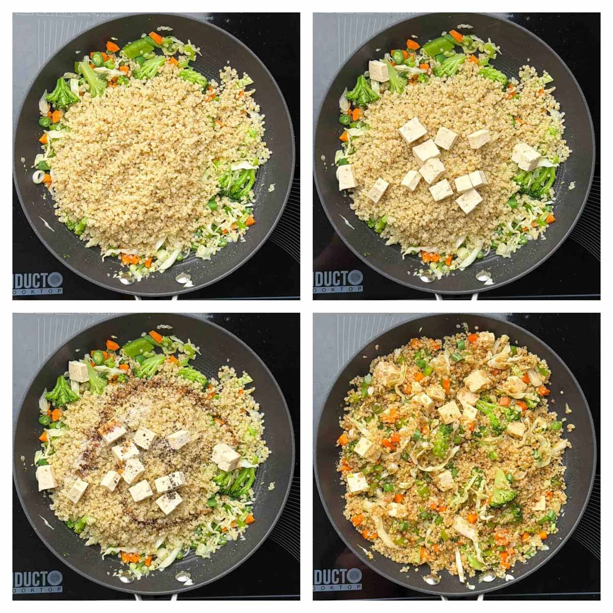 Step to saute quinoa,tofu, sauces and pepper and salt collage.
