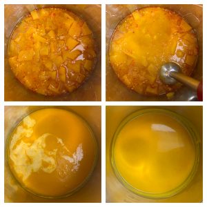 step to puree the pumpkin soup using a hand blender and add coconut milk collage