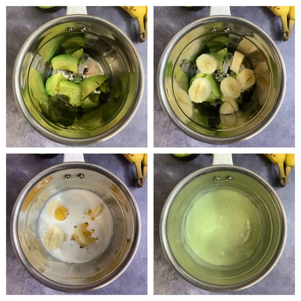 step to cut avocado and banana puree till smooth collage