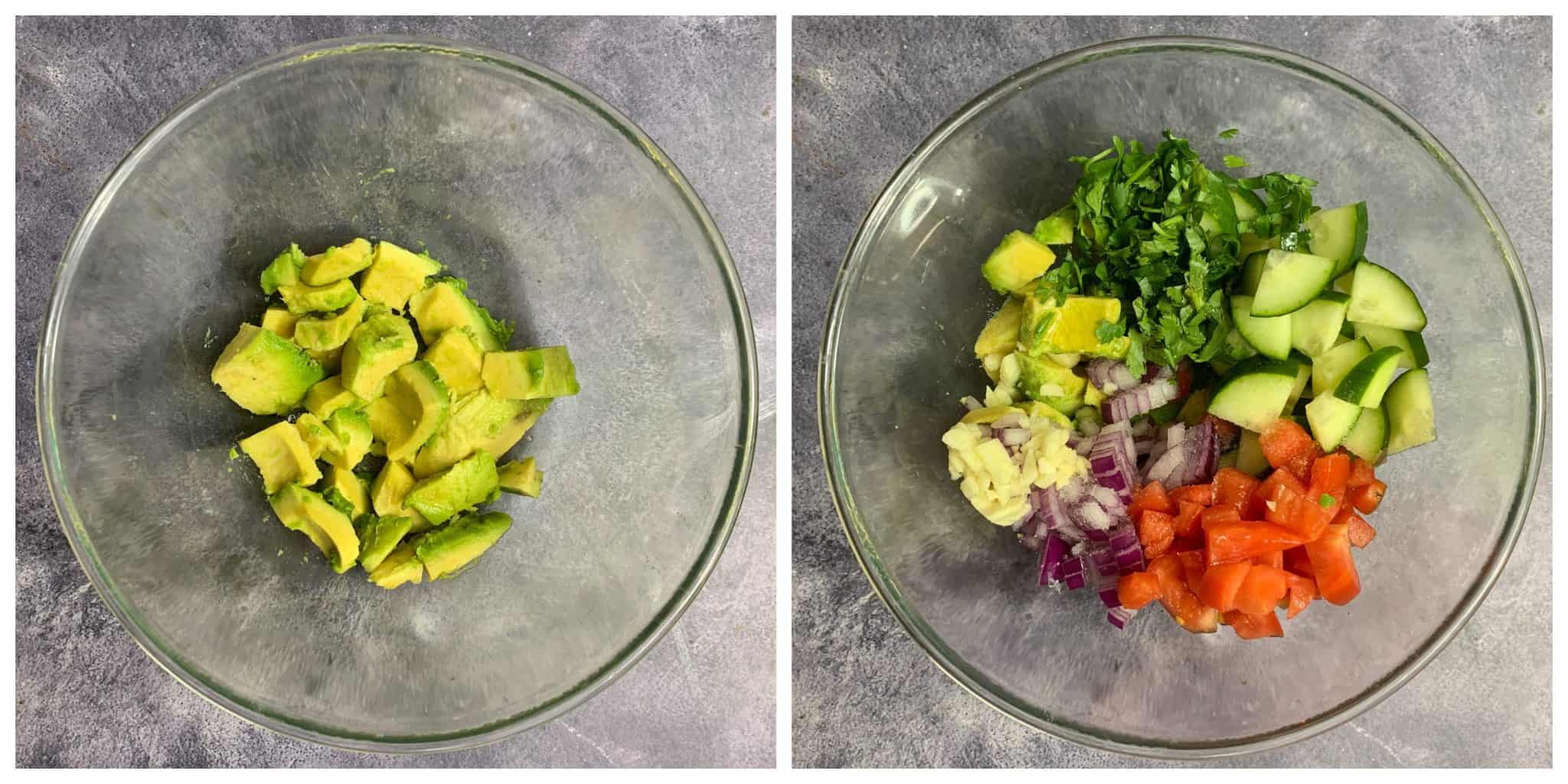 step to chop veggies for avocado cucumber salad