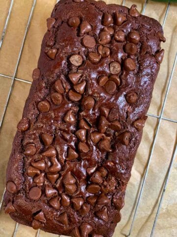 double chocolate healthy zucchini bread on a rack