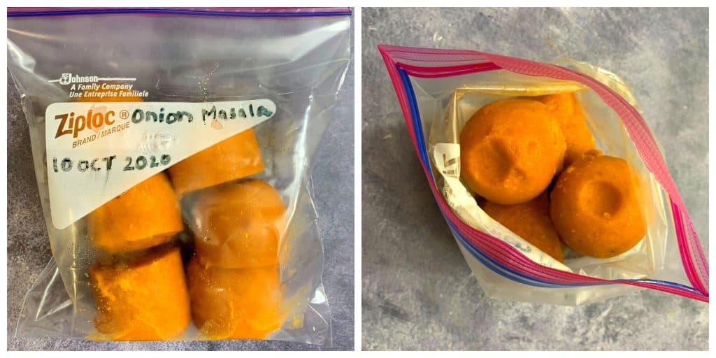 frozen onion masala cubes in a freezer safe zip lock cover