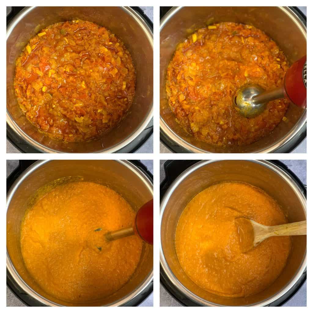 step to blend cooked mixture into smooth or slightly chunky curry sauce collage