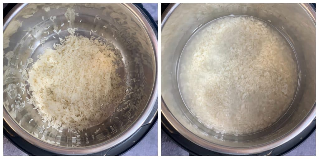 step to add raw jasmine rice with water collage