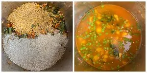 step to add quinoa, lentils(toor dal) and water and instant pot pressure cook collage