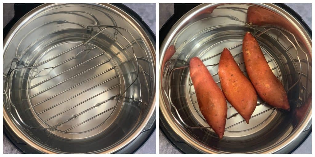 step to place the sweet potatoes on trivet to cook collage