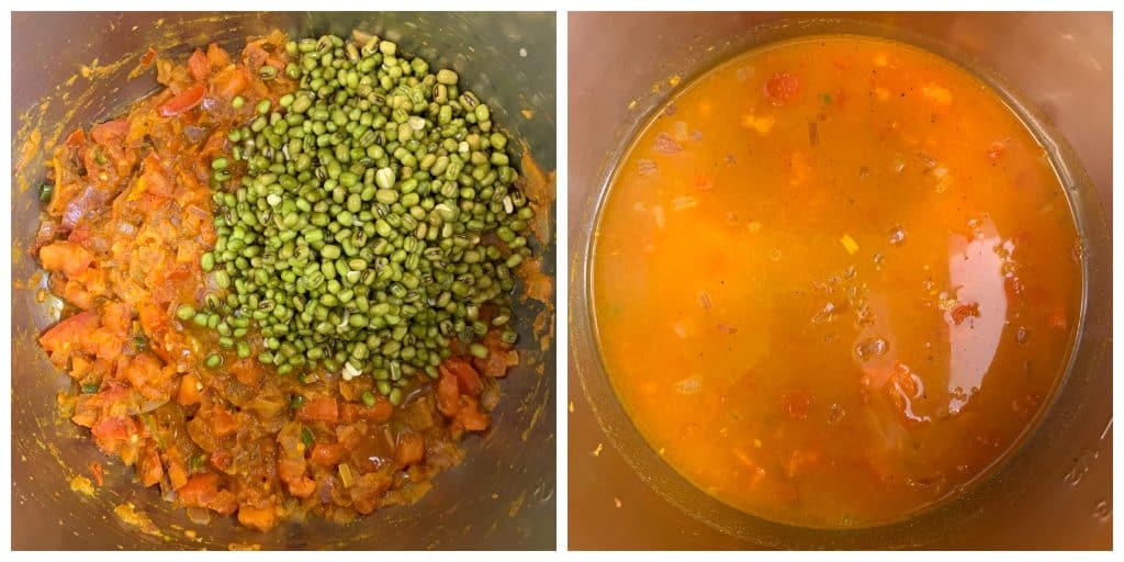 step to add soaked mung beans,water and salt to instant pot insert and pressure cook collage