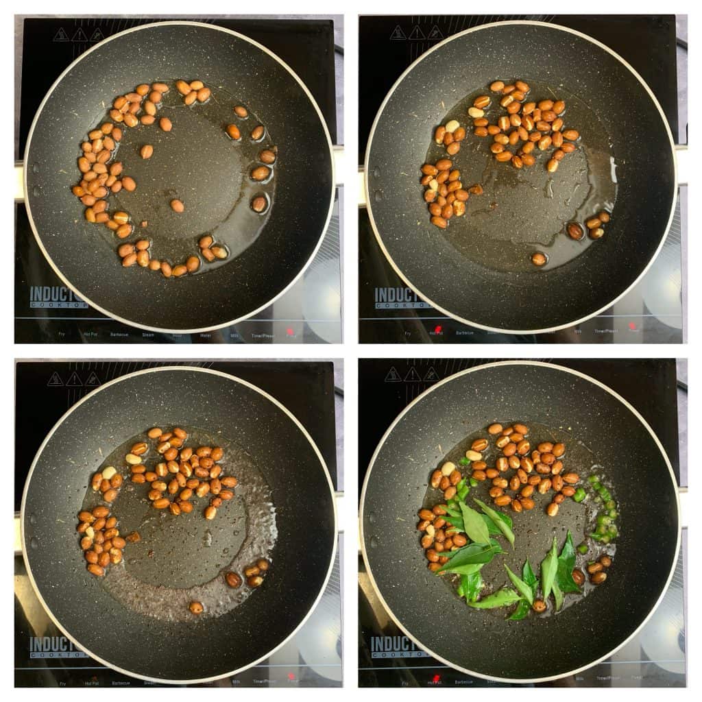 step to roast the peanuts and temper with mustard seeds,curry leaves and chillies for susla recipecollage