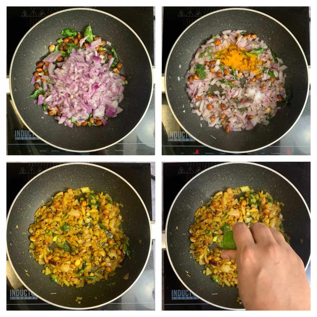 step to saute onions with turmeric powder and salt collage