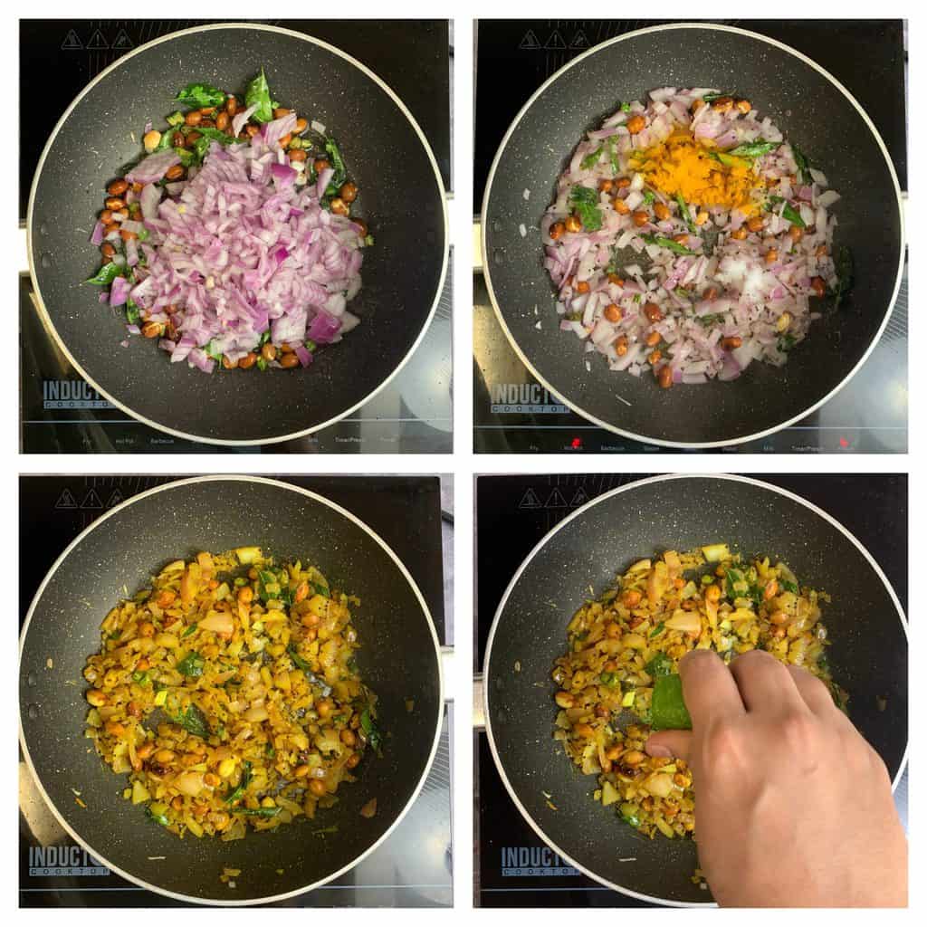 step to saute onions with turmeric powder and salt collage