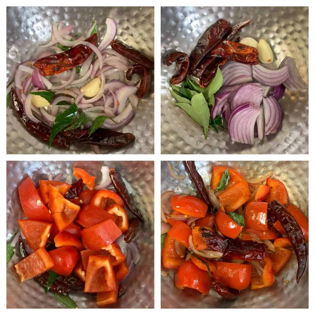 step to roast onion,garlic,curry leaves,red bell pepper in a teaspoon oil till brown collage