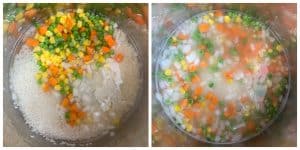 step to add rice water and vegetables to make Instant Pot vegetable fried rice collage