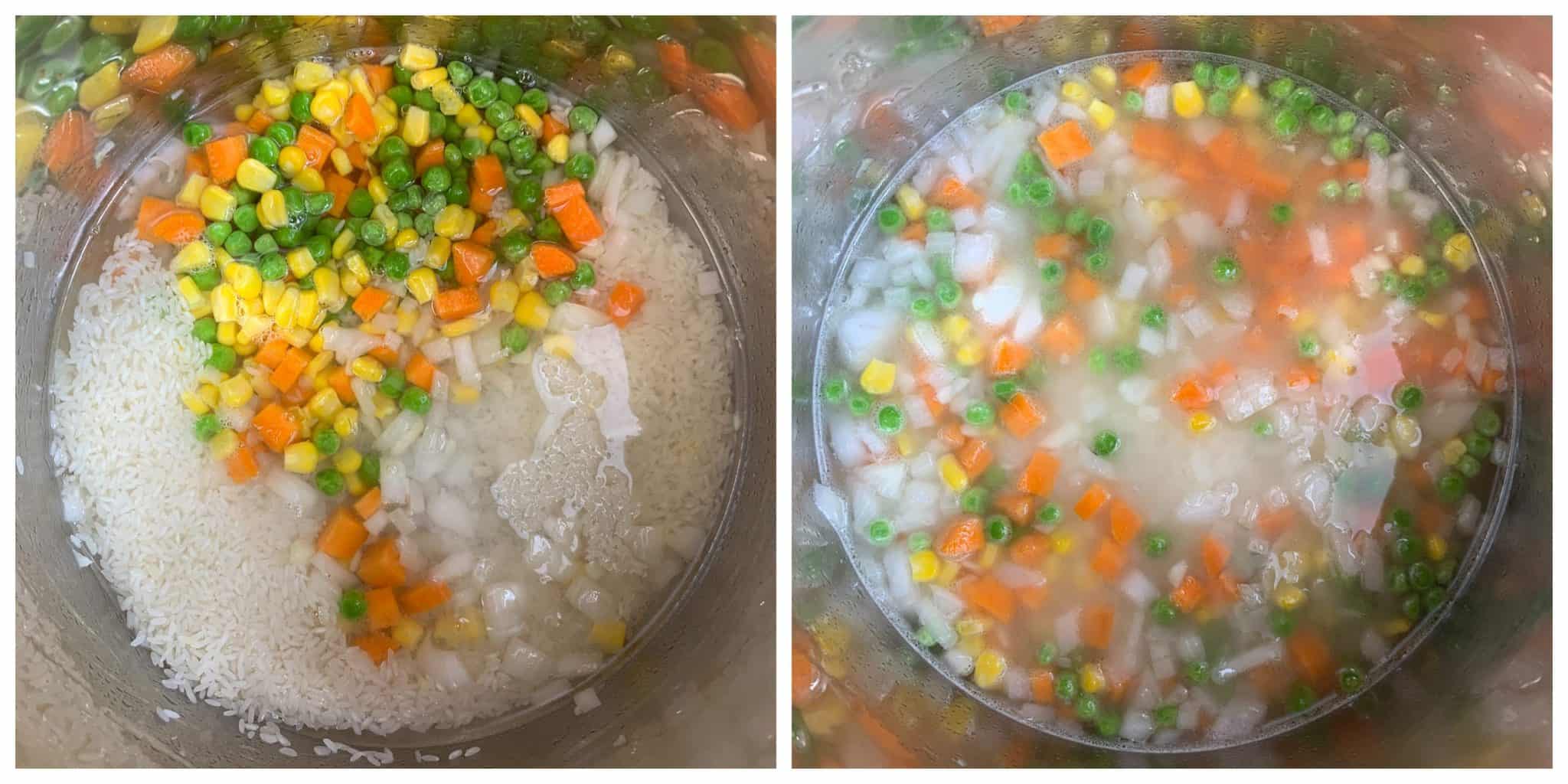 step to add rice water and vegetables  to make Instant Pot vegetable fried rice collage