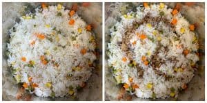 step to add vinegar soy sauce to cooked rice for Instant Pot vegetable fried rice collage