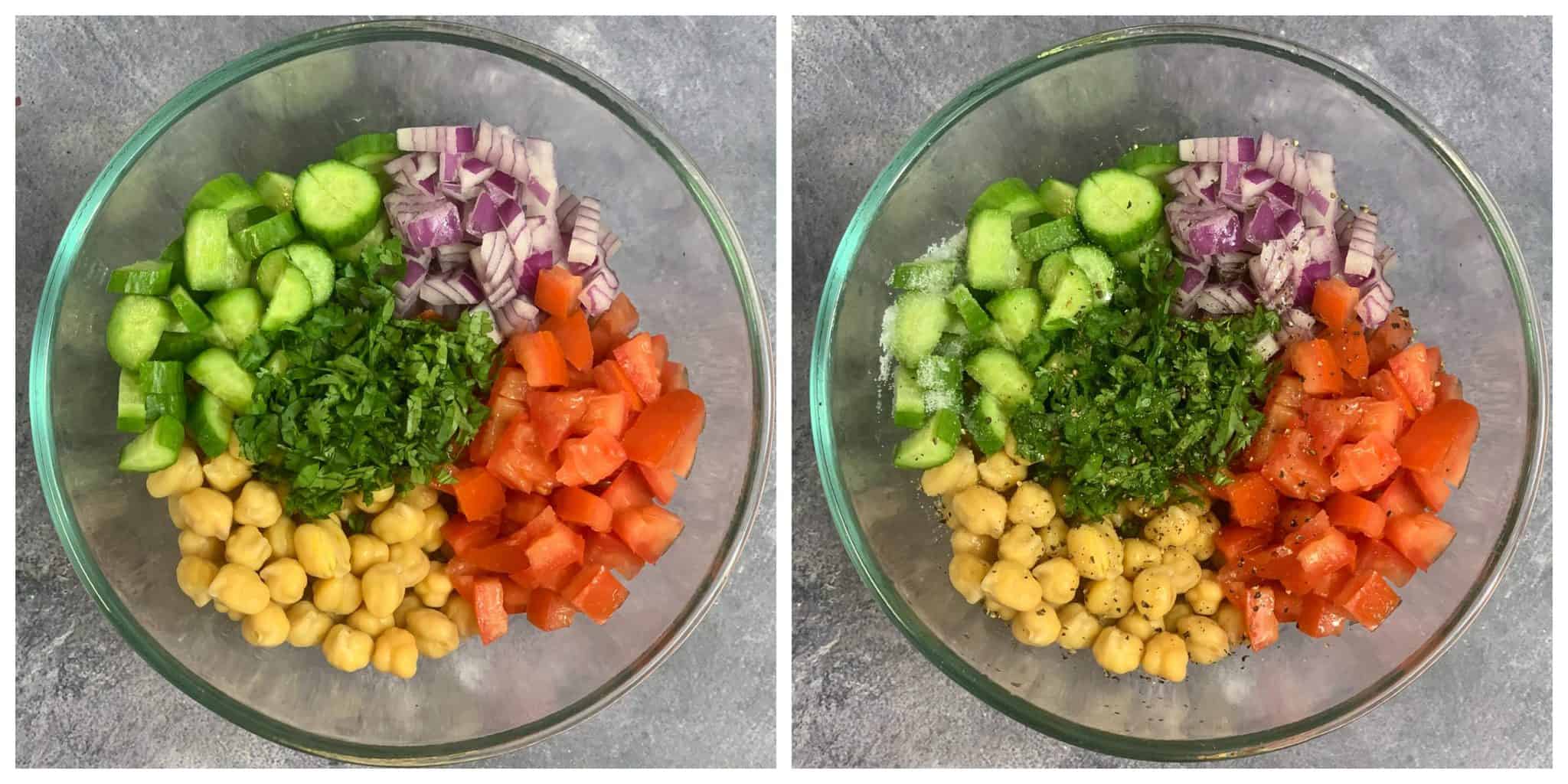 step to add all veggies to mixing bowl collage