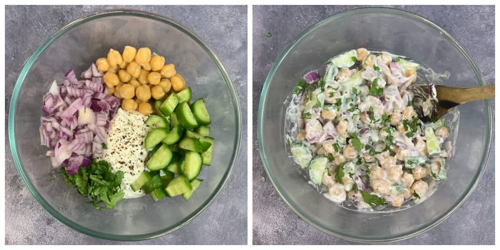 step to mix all ingredients in a glass bowl collage