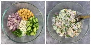 step to mix all ingredients in a glass bowl collage
