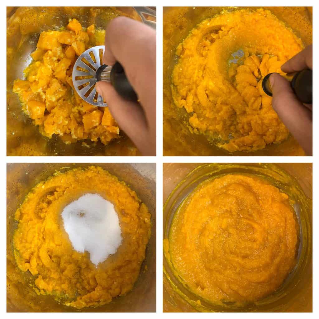 step to mash the pressure cooked squash and add sugar collage