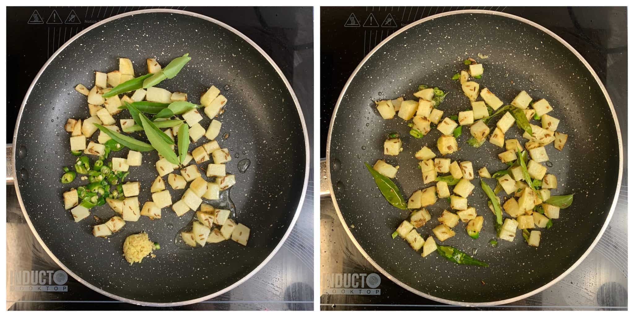 step to add curry leaves, ginger collage