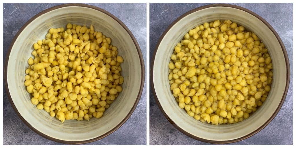 step to soak chickpea pearls in hot water for 2-3 minutes collage