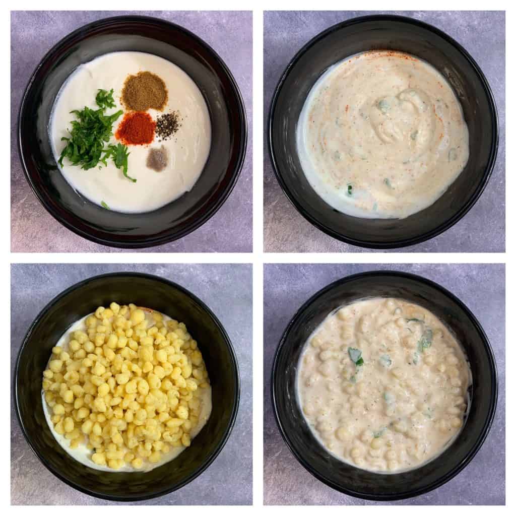 step to whisk the yogurt add spice powder and soaked boondi collage