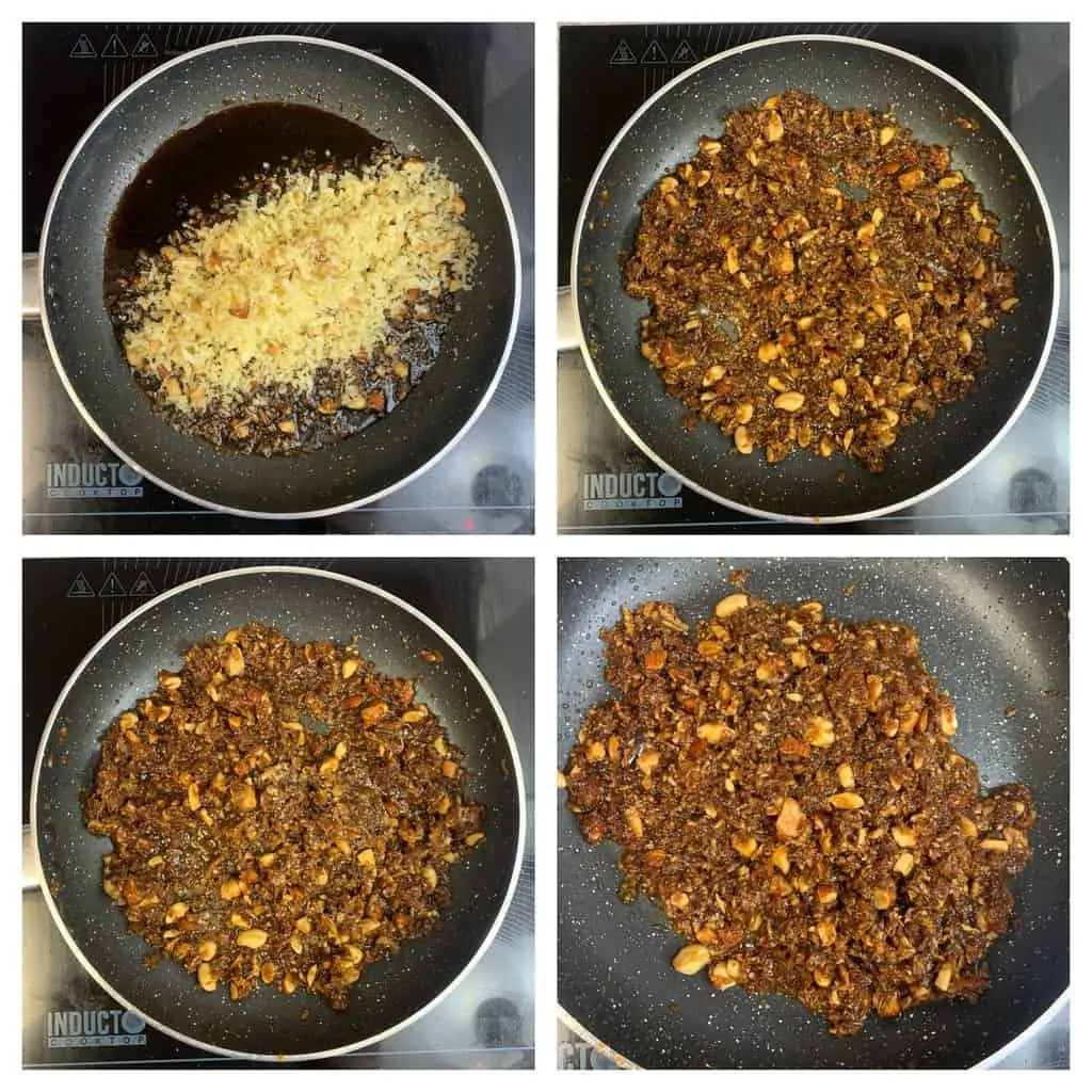 step to add roasted nuts and coconut to jaggery mixture collage