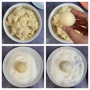 step to make coconut laddu in to a ball and roll over desiccated coconut collage