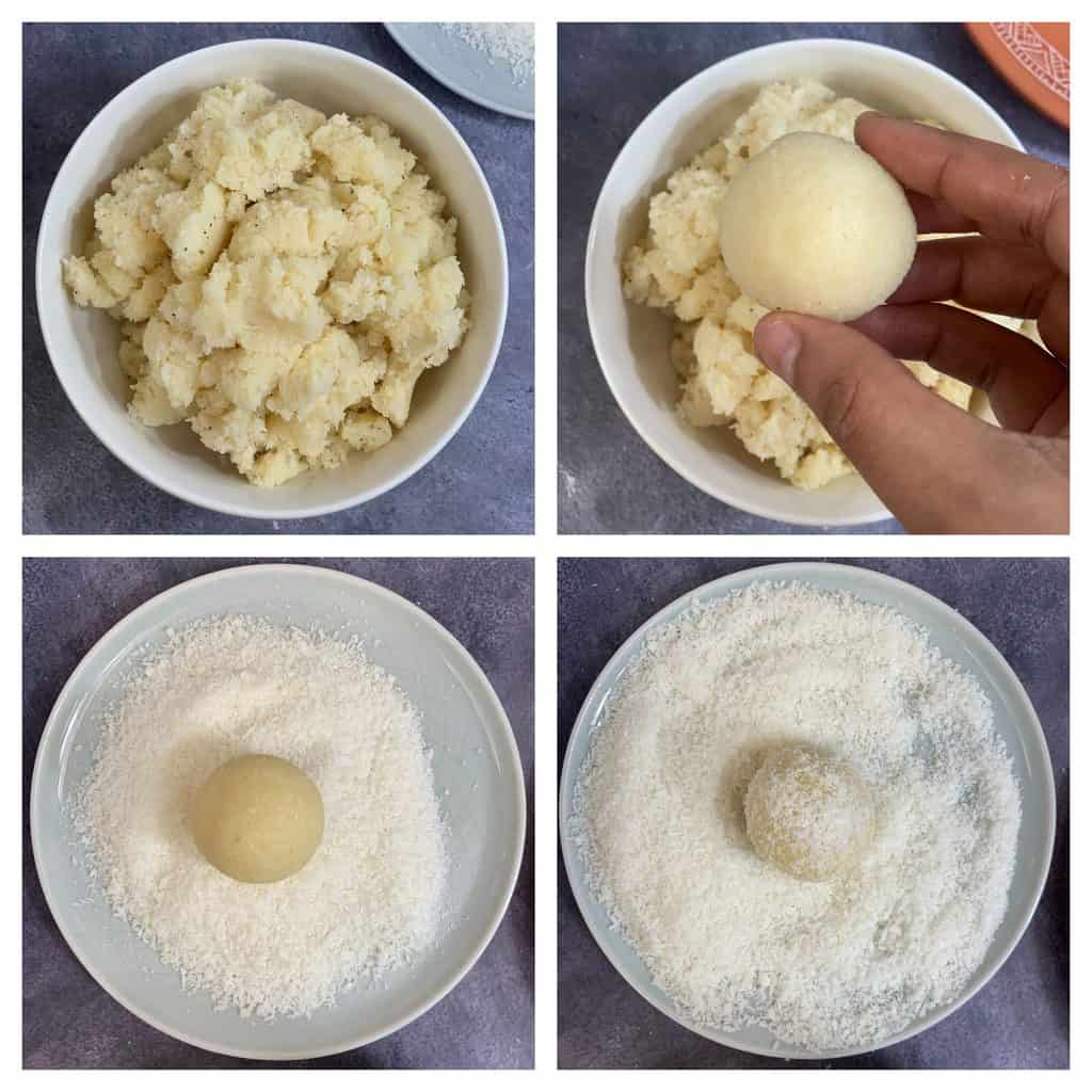 step to make coconut ball and roll in the dried coconut collage