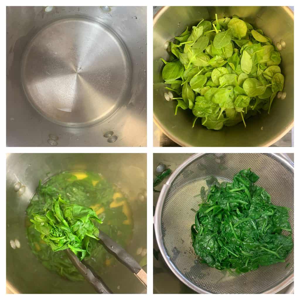 step to blanch the baby spinach leaves collage