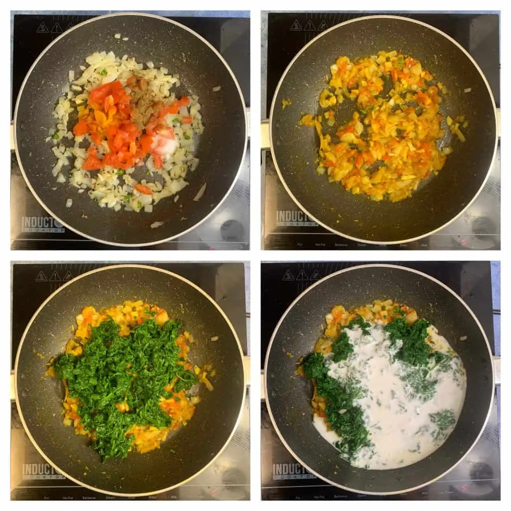 step to cook the tomatoes blanched spinach and coconut milk collage