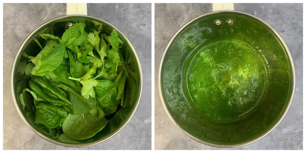 step to blend spinach cilantro pudina into a smooth paste collage