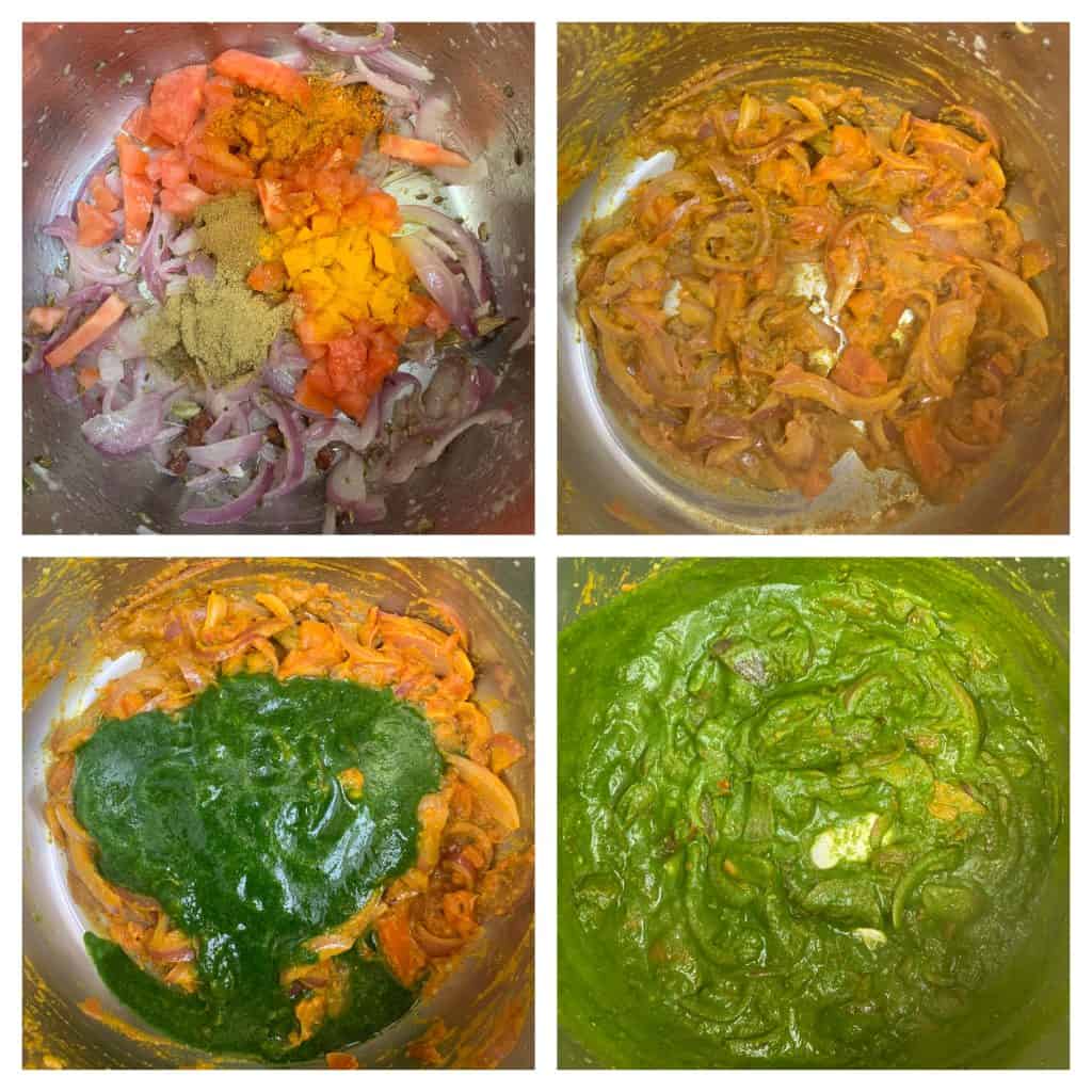 step to cook tomato and spinach puree for palak rice recipe collage
