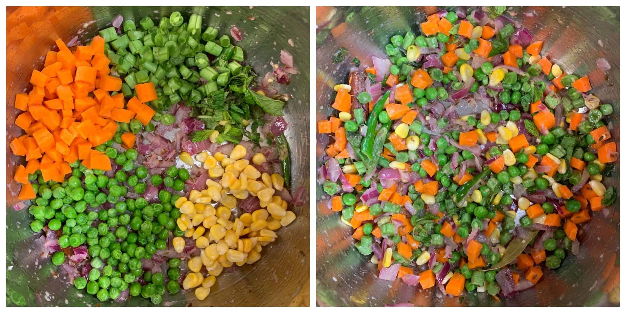 step to add mixed vegetables and cook for a minute collage