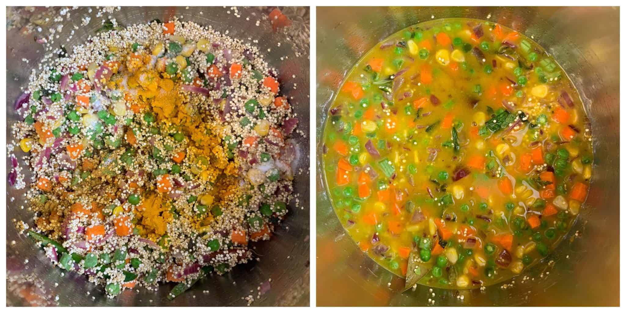 step to add quinoa, dry spice powders, water and pressure cook collage