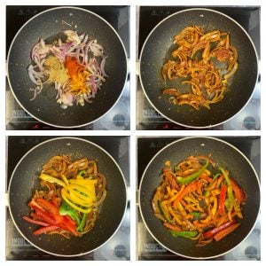 step to add dry spices and cook the bell peppers collage