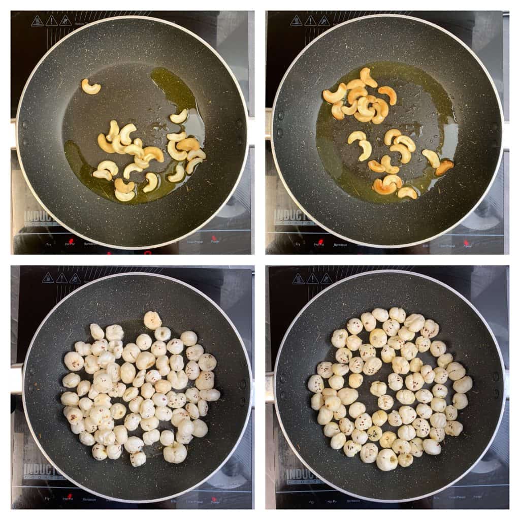 roasting cashews nuts and phool makhana in ghee