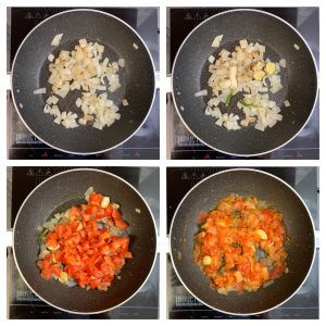 step to saute onions, ginger, garlic, tomatoes in a pan collage.