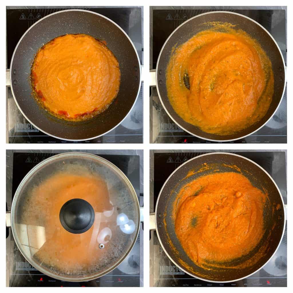 cook the onion tomato puree till ghee separates for paneer makhana sabji recipe