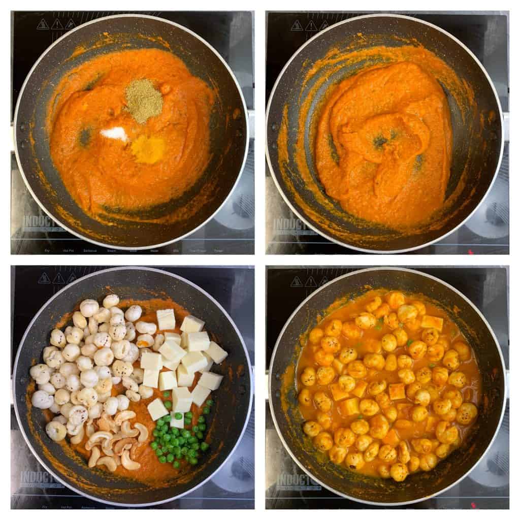 step to add dry spices, makhana, peas, paneer, roasted cashews and water collage