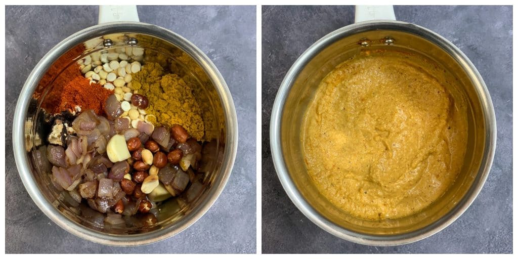 step to blend peanuts,onion garlic mixture ,sambar powder to a smooth paste collage