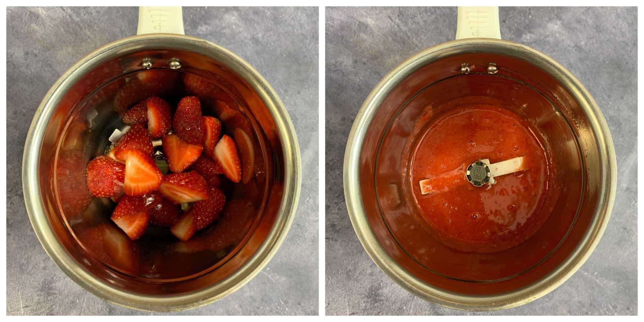 step to blend fresh strawberries till smooth using a blender collage