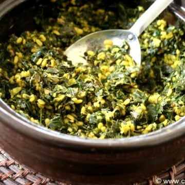 drumstick leaves curry (stir fry) served in a bowl with a spoon