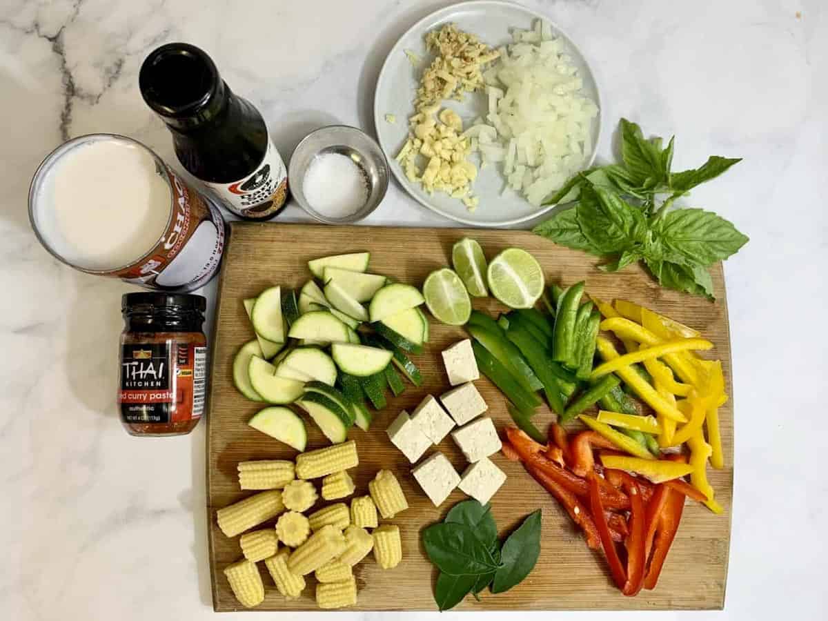 vegetarian thai red curry ingredients on a flat surface