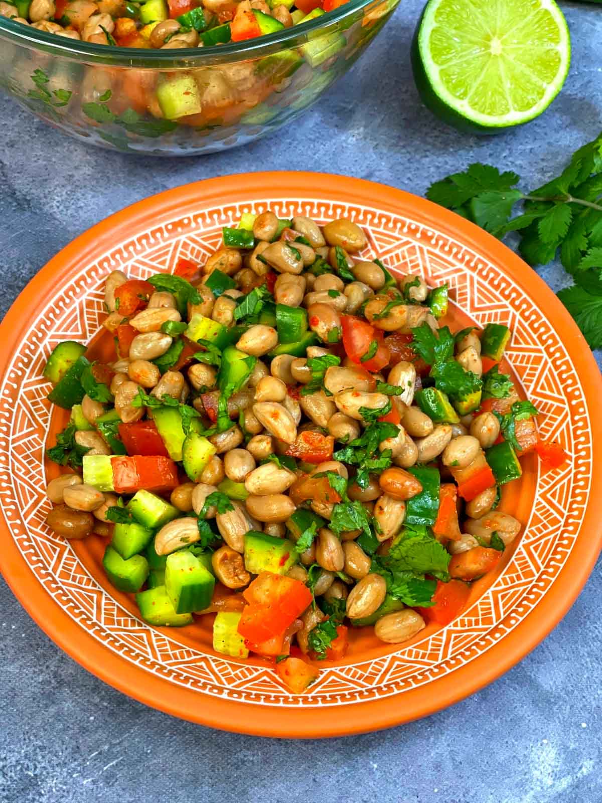 Boiled peanut salad/chaat served on a plate with cilantro and lemon on the side