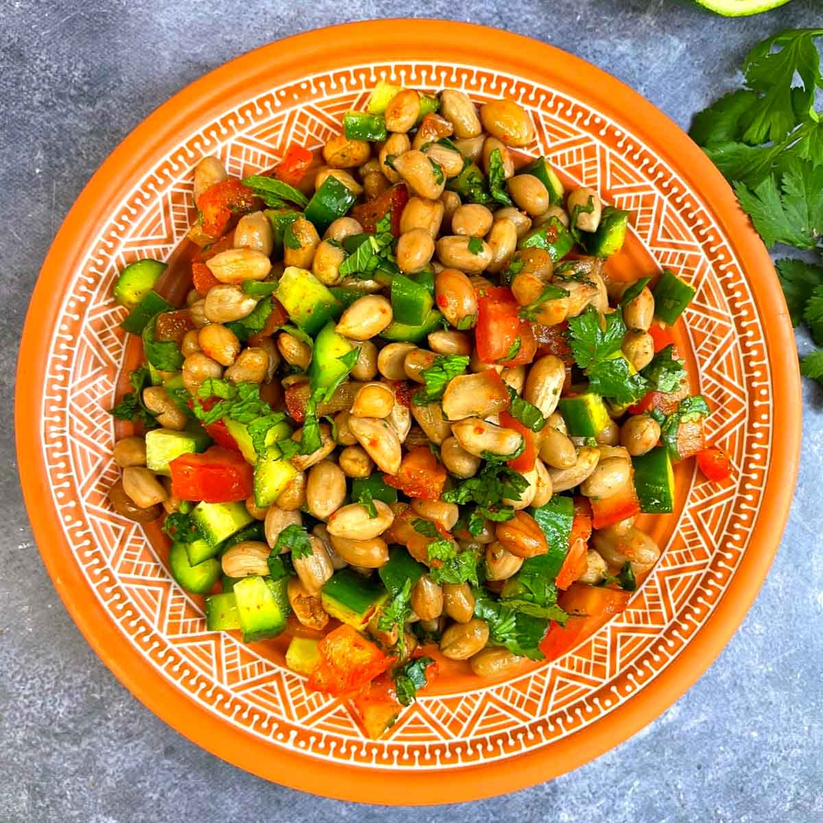 Peanut vegetable salad served in a plate with cilantro on the side